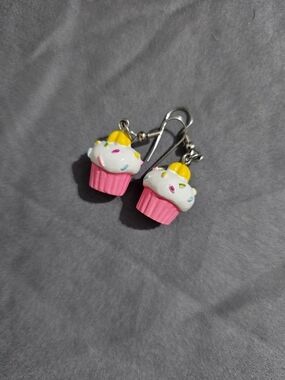 Pink Cupcake Kids Dangle Earrings with White Frosting